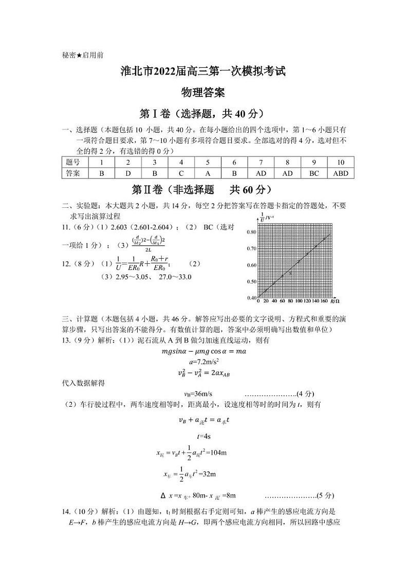 安徽省淮北市2022届高三第一次模拟考试物理答案第1页