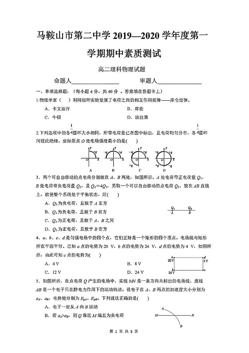 2019-2020学年安徽省马鞍山市第二中学高二上学期期中素质测试物理（理）试题 PDF版第1页