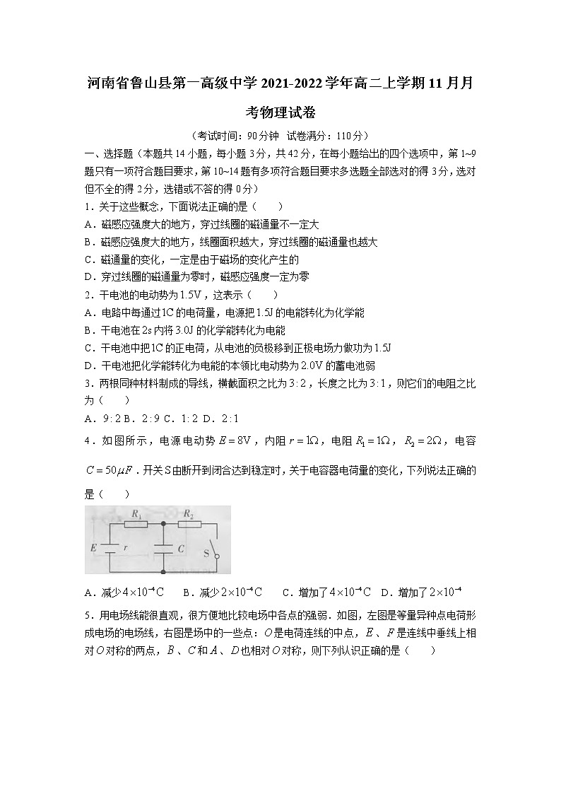 2021-2022学年河南省鲁山县第一高级中学高二上学期11月月考物理试题 解析版01
