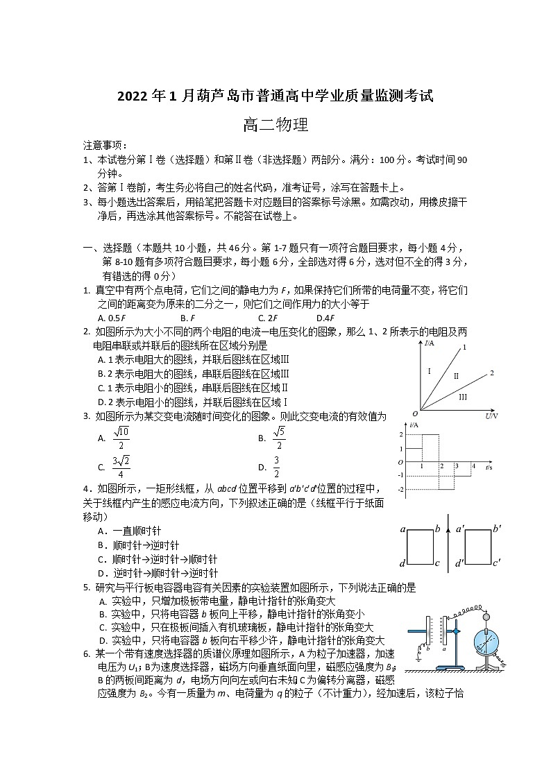 2021-2022学年辽宁省葫芦岛市普通高中高二上学期1月学业质量监测考试物理试题（Word版）第1页