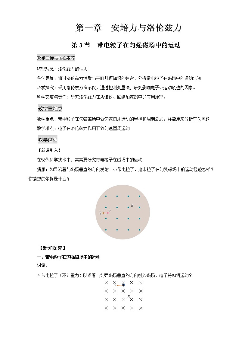 新教材 高中物理选择性必修二  1.3带电粒子在匀强磁场中的运动  课件+教案+练习01