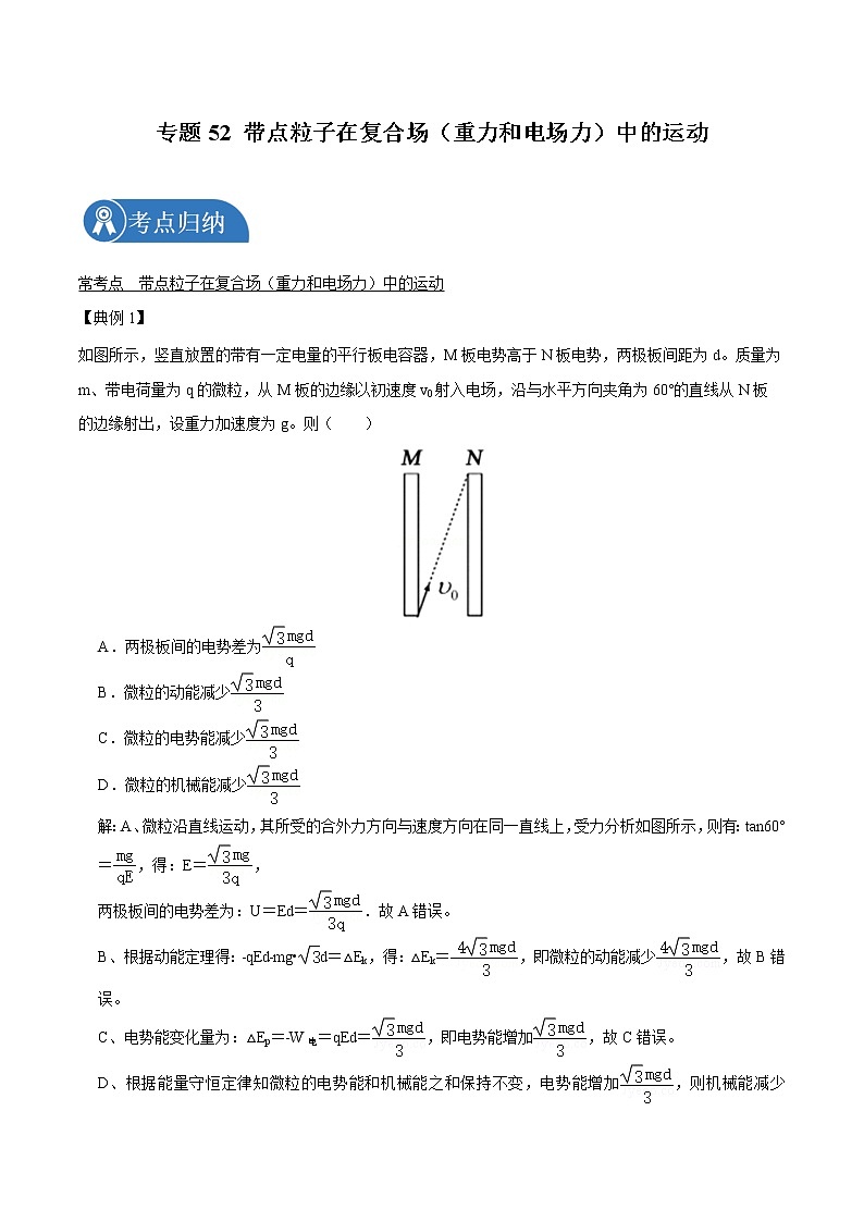 专题52 带点粒子在复合场（重力和电场力）中的运动  2022届高中物理常考点归纳二轮复习第1页