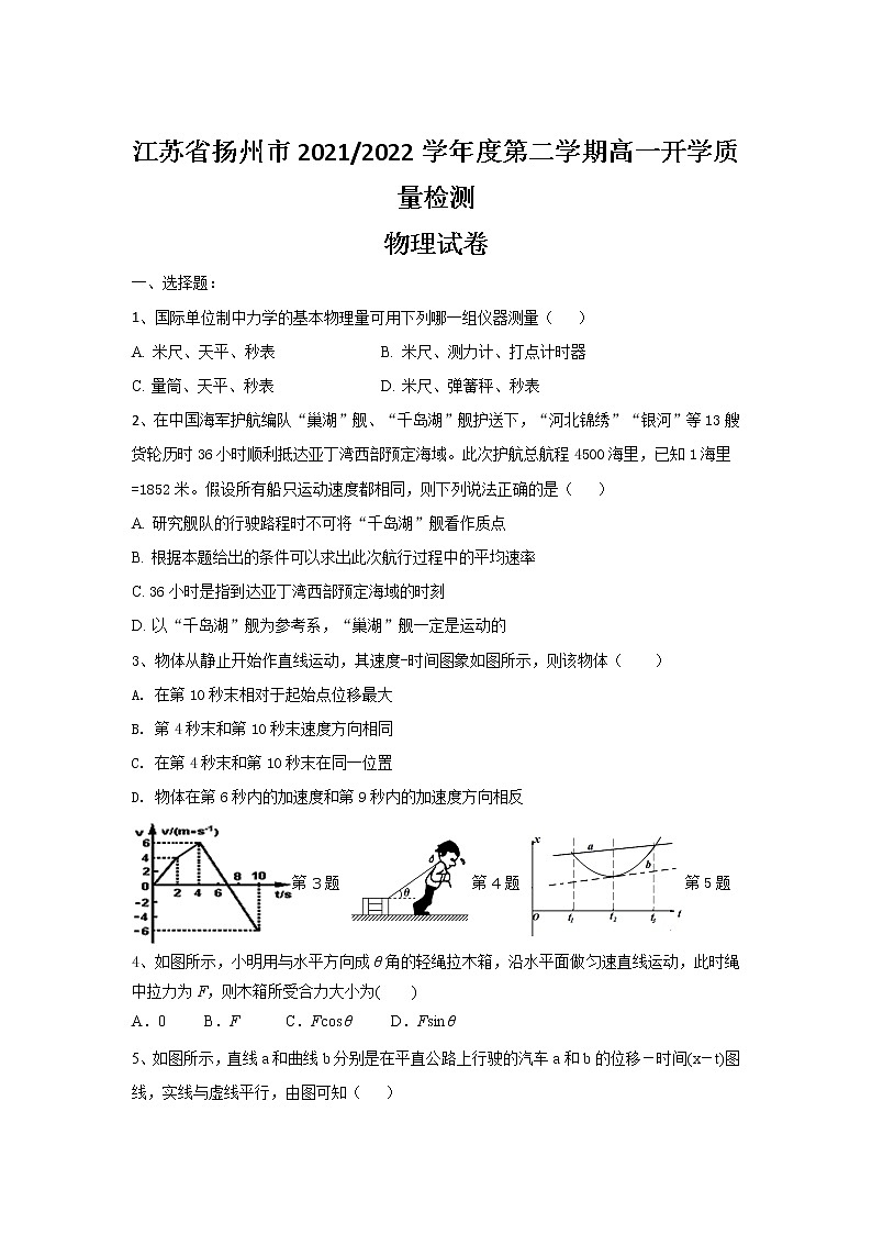 2021-2022学年江苏省扬州市高一下学期开学考试物理试卷第1页