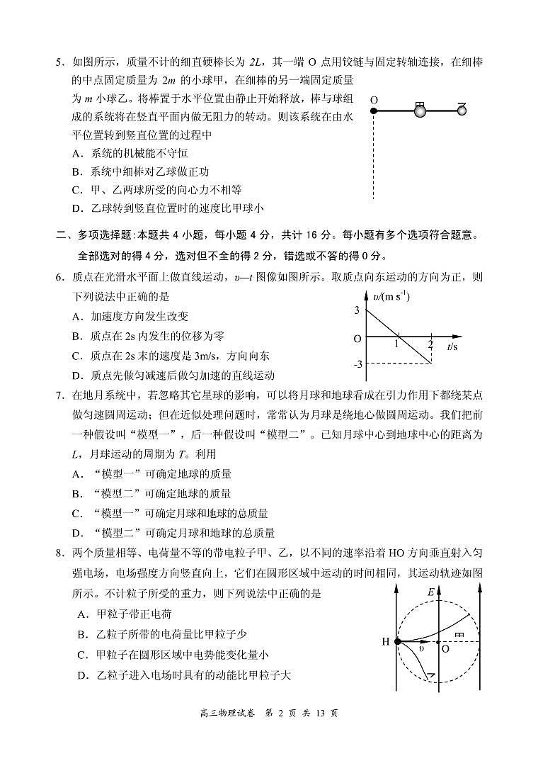 2020届江苏省南京市、盐城市高三第一次模拟考试（1月） 物理（PDF版）练习题第2页