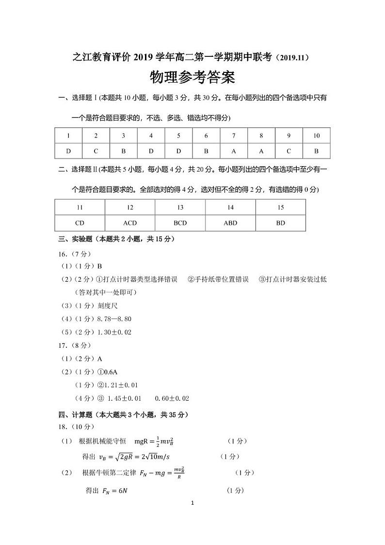 之江教育评价2019学年高二第一学期期中联考【 物理】参考答案第1页