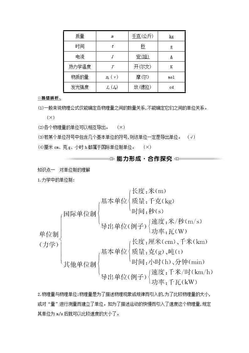 2021_2022学年高中物理第四章牛顿运动定律4力学单位制学案新人教版必修102