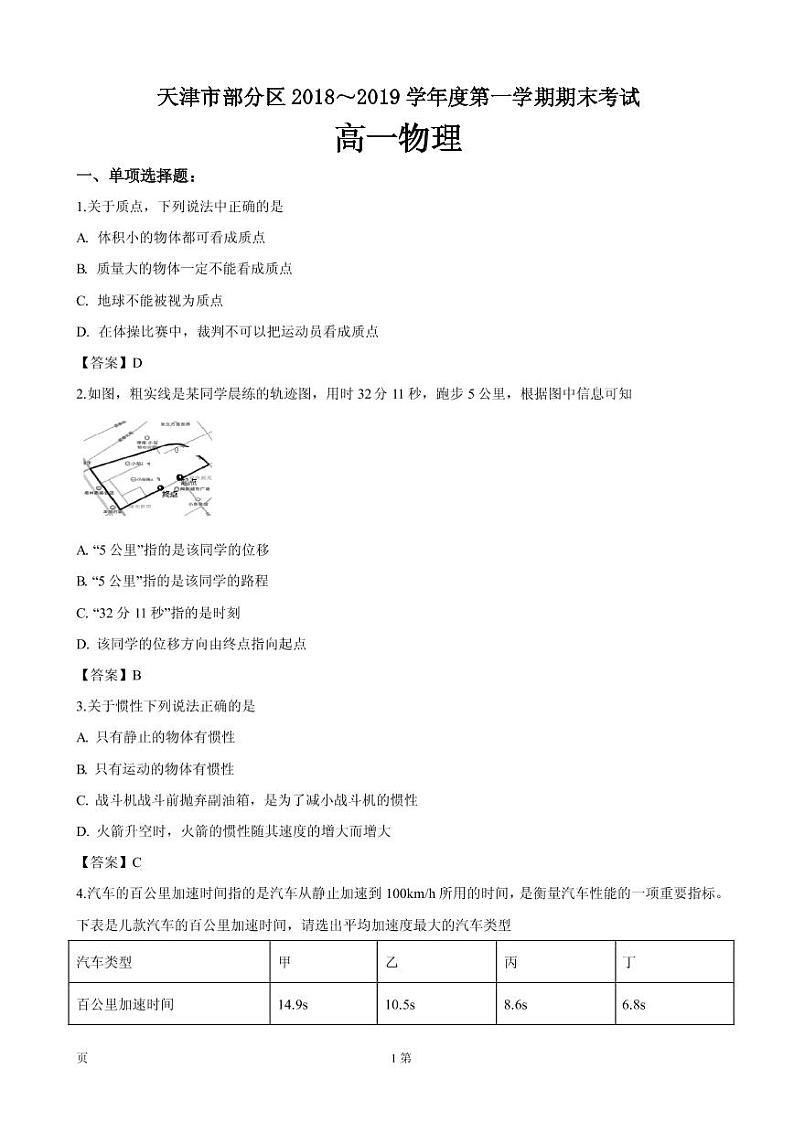 2018-2019学年天津市部分区高一上学期期末考试物理试卷（PDF版）第1页