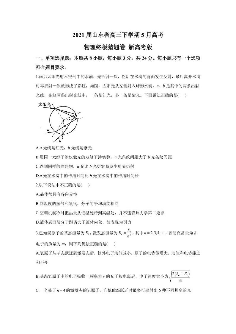 2021届山东省高三下学期5月高考物理终极猜题卷 新高考版 PDF版01