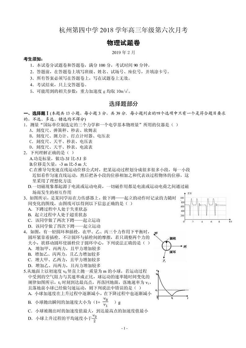2019届浙江省杭州第四中学高三第六次月考试题（2月） 物理（PDF版）01