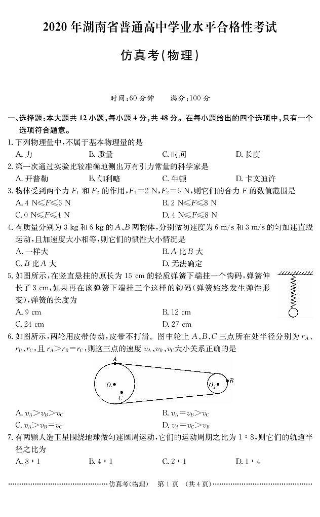 2020年湖南省普通高中学业水平和合格性考试仿真卷（物理）第1页