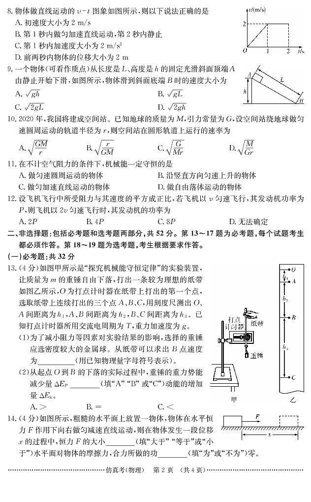 2020年湖南省普通高中学业水平和合格性考试仿真卷（物理）第2页