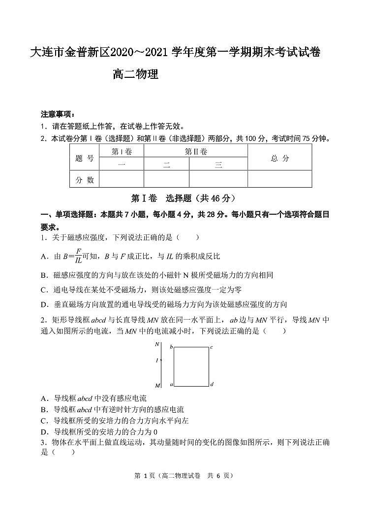 2020-2021学年辽宁省大连市金普新区高二上学期期末检测物理试题 PDF版01