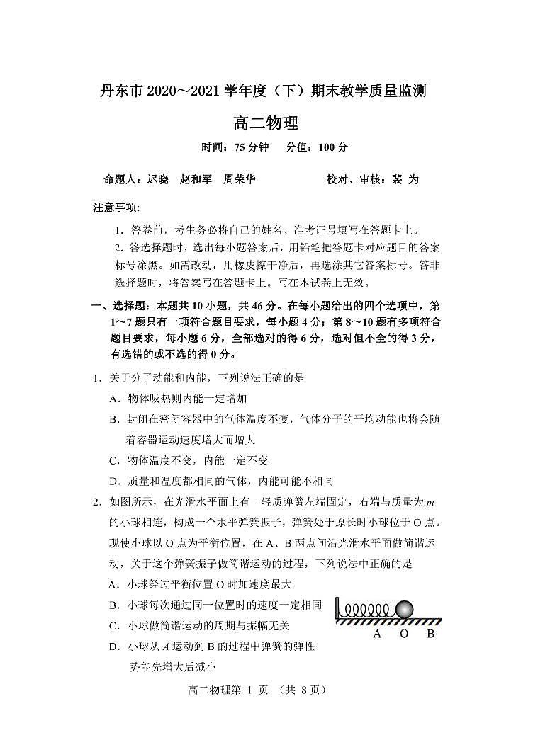 2020-2021学年辽宁省丹东市高二下学期期末教学质量监测物理试题 PDF版01