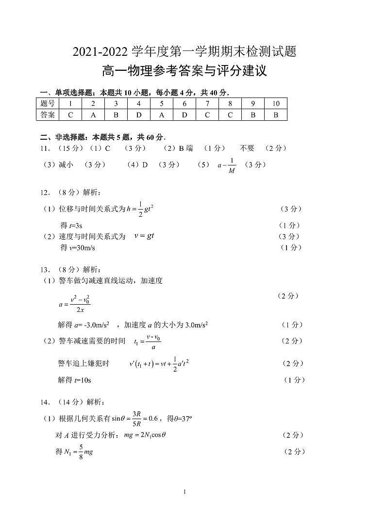 江苏省扬州市2021-2022学年高一上学期期末检测物理答案第1页