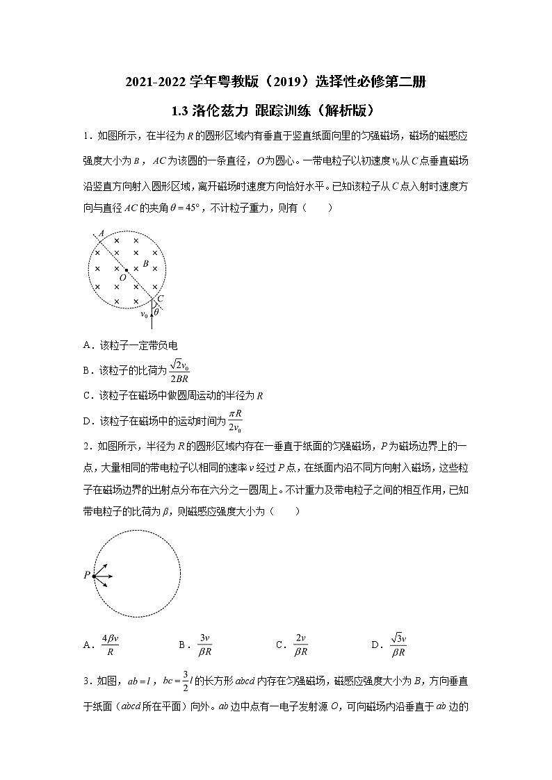 2021-2022学年高中物理新粤教版选择性必修第二册 1.3洛伦兹力 跟踪训练（解析版）01