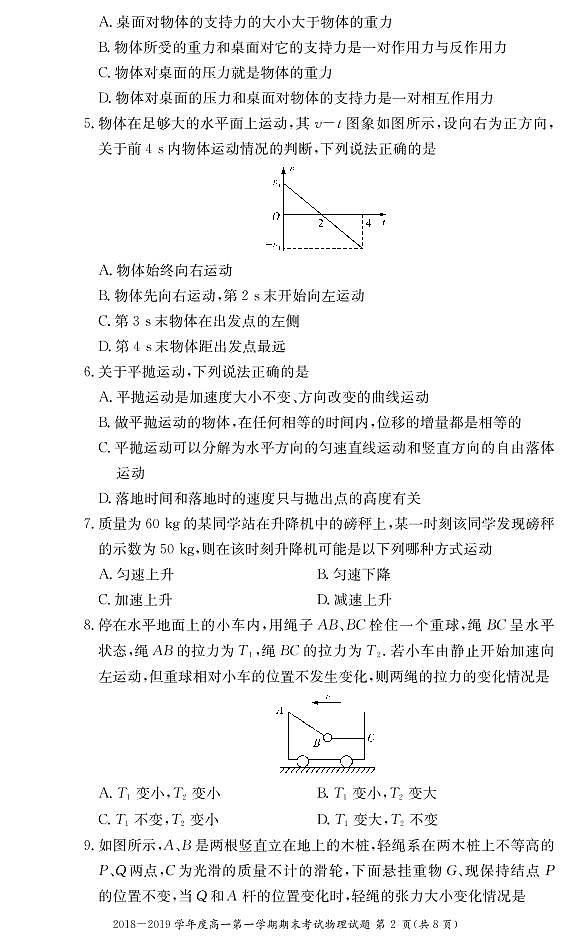 2018-2019学年湖南省长沙市第一中学高一上学期期末考试 物理（PDF版）练习题02