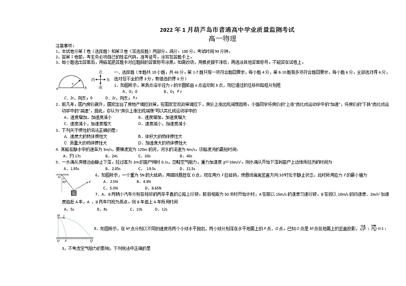 辽宁省葫芦岛市普通高中2021-2022学年高一上学期期末学业质量监测物理试题含答案01