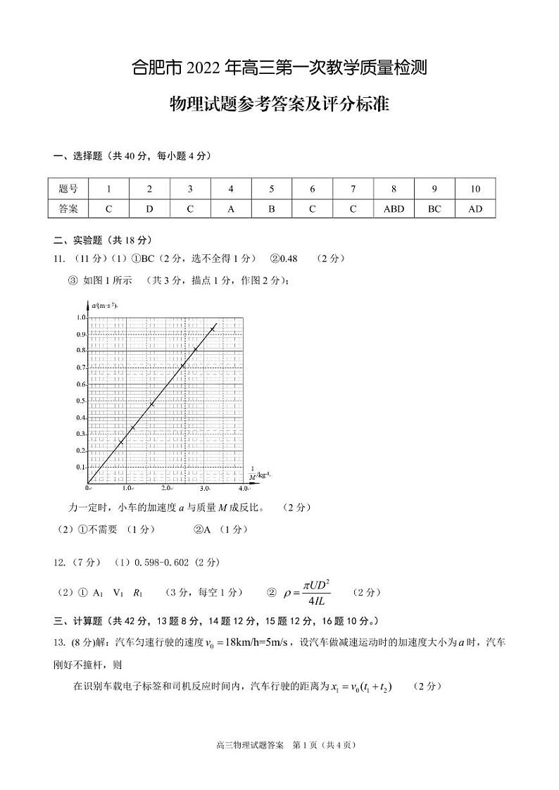 安徽省合肥市2022届高三第一次质量检测物理答案第1页