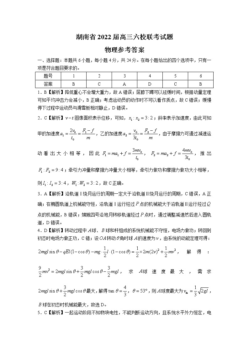 湖南省六校2021-2022学年高三下学期2月联考物理答案第1页