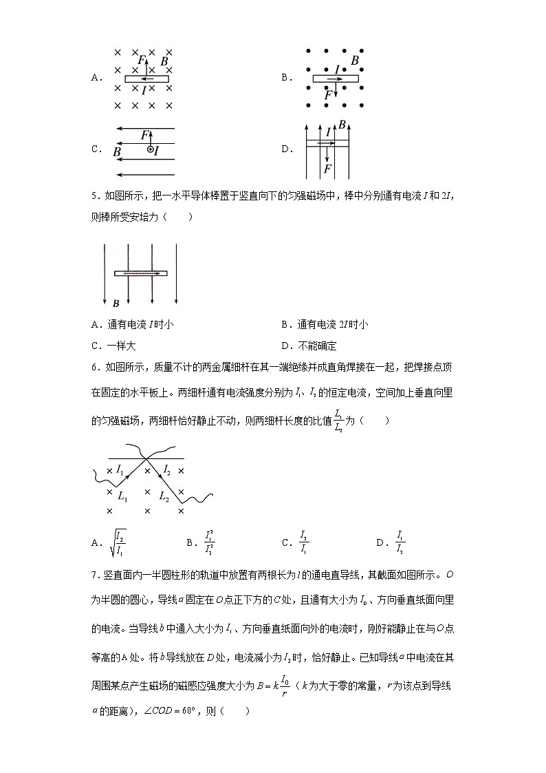 2021-2022学年高中物理新粤教版选择性必修第二册 1.1安培力 课后作业第2页