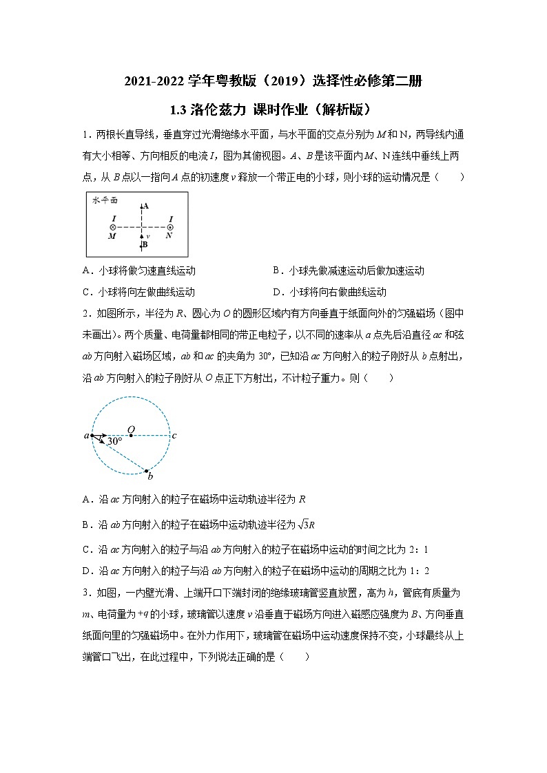 2021-2022学年高中物理新粤教版选择性必修第二册 1.3洛伦兹力 课时作业（解析版） 练习01