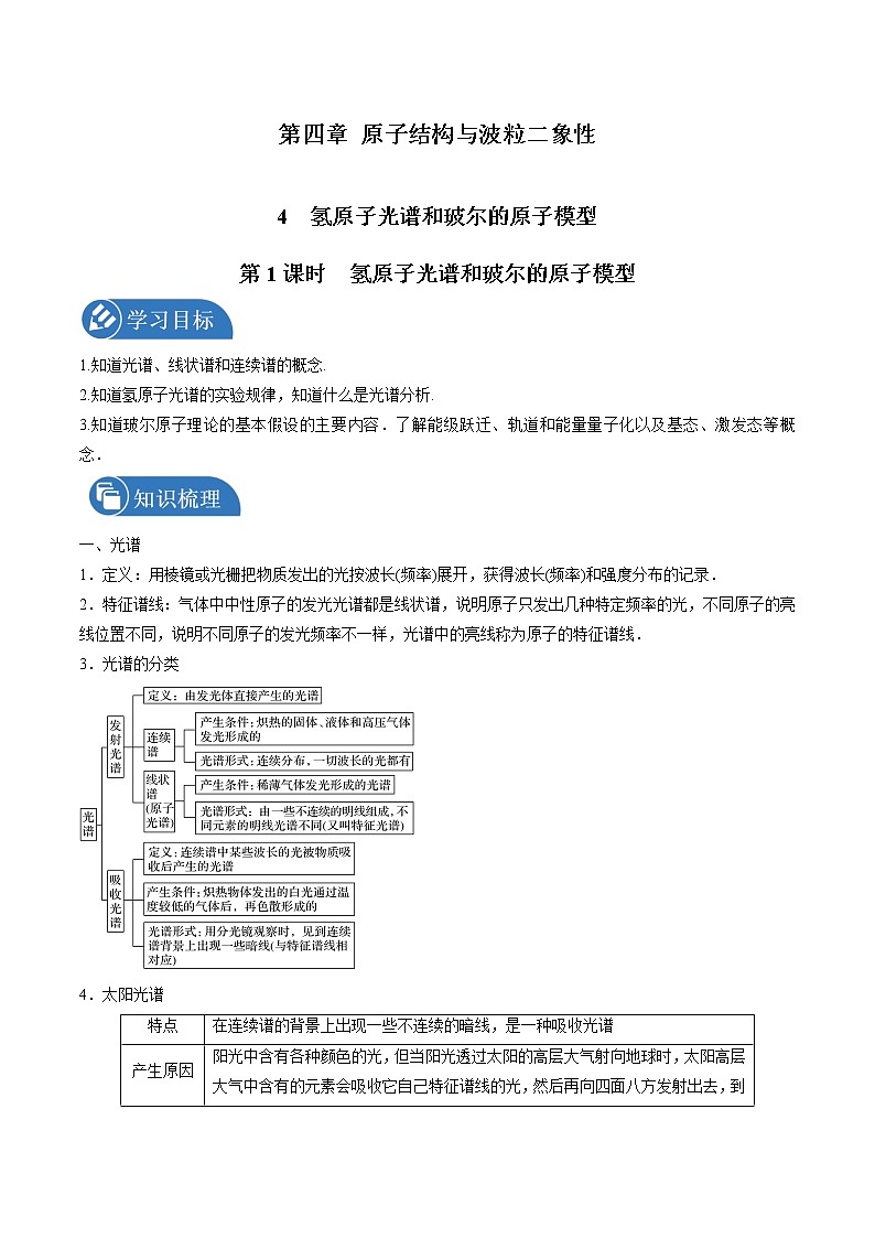 4.4氢原子光谱和波尔的原子模型（第1课时氢原子光谱和玻尔的原子模型）学案 高中物理新人教版选择性必修第三册（2022年）第1页