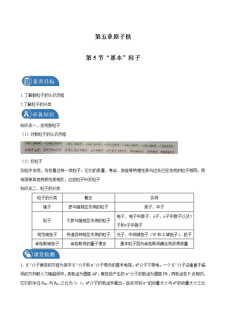 5.5 “基本”粒子  学案 高中物理新人教版选择性必修第三册（2022年）01