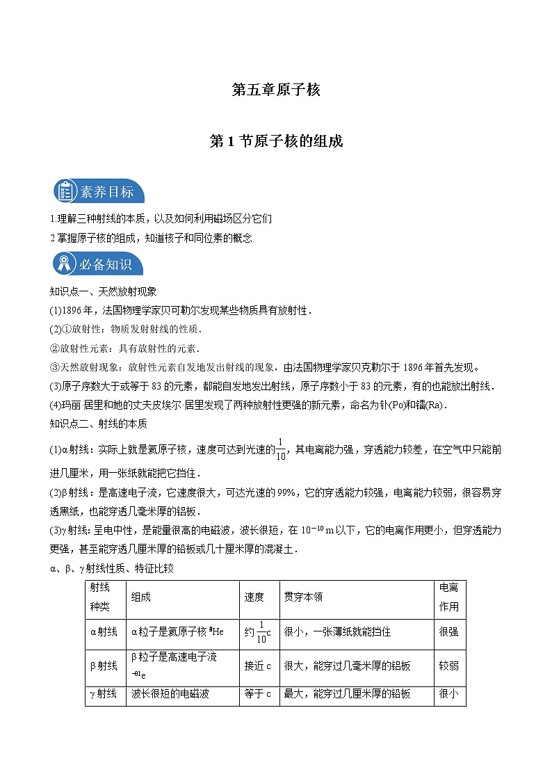 5.1 原子核的组成  学案 高中物理新人教版选择性必修第三册（2022年）01
