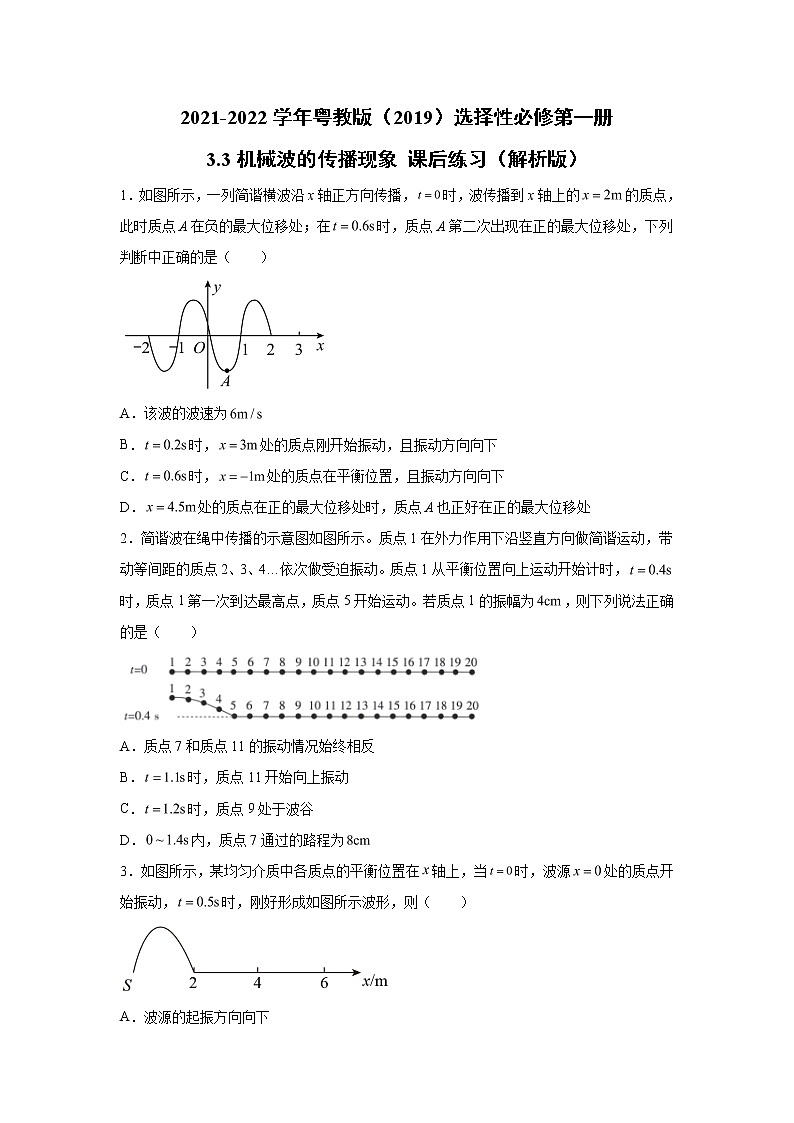 2021-2022学年高中物理新粤教版选择性必修第一册 3.3机械波的传播现象 课后练习（解析版）01