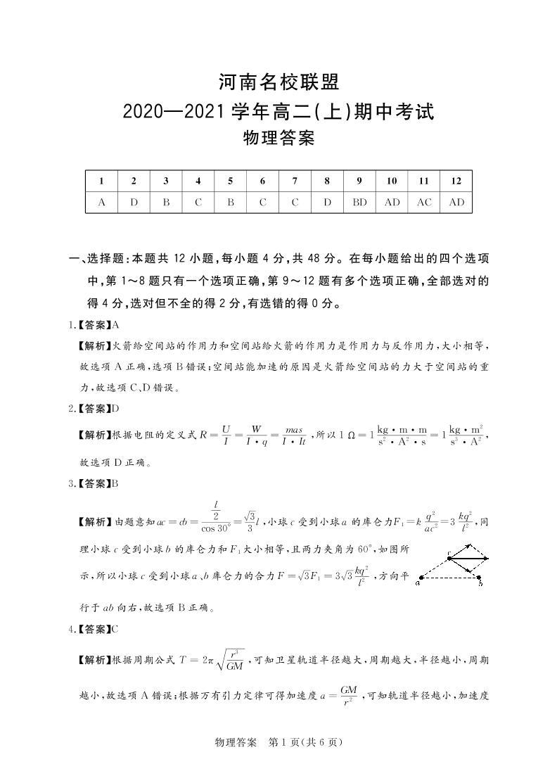 2020-2021学年河南省名校联盟高二上学期期中考试物理试题 PDF版01
