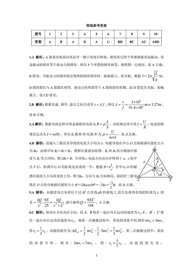 湖南省天壹名校联盟2021-2022学年高二上学期12月联考物理答案第1页