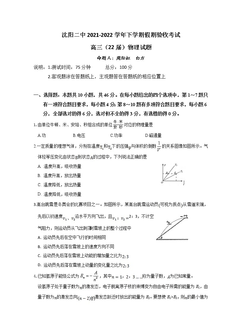 辽宁省沈阳市第二中学2021-2022学年高三下学期寒假验收考试物理试题第1页