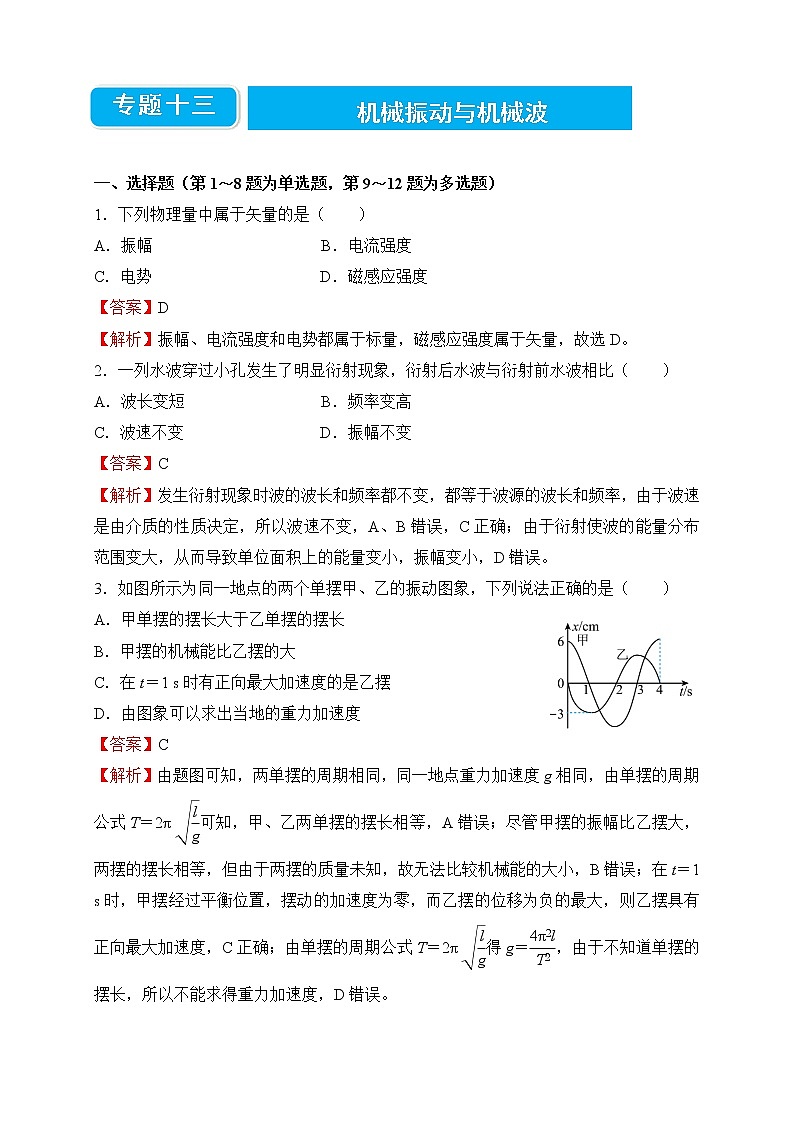 【原创】2022届高考二轮专题训练复习练习题 物理（十三）机械振动与机械波01