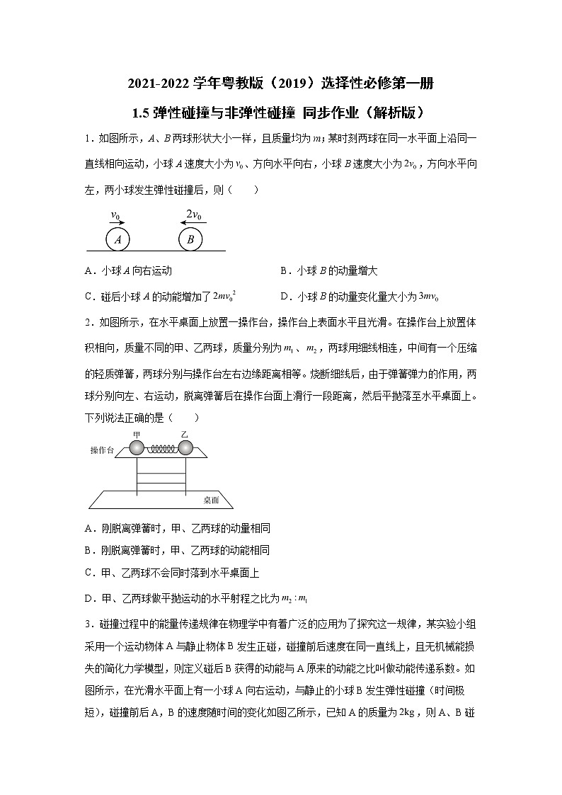 2021-2022学年高中物理新粤教版选择性必修第一册 1.5弹性碰撞与非弹性碰撞 同步作业（解析版）第1页