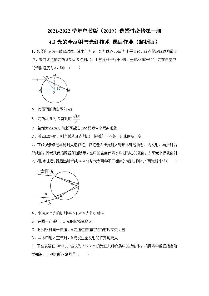2021-2022学年高中物理新粤教版选择性必修第一册 4.3光的全反射与光纤技术 课后作业（解析版）第1页