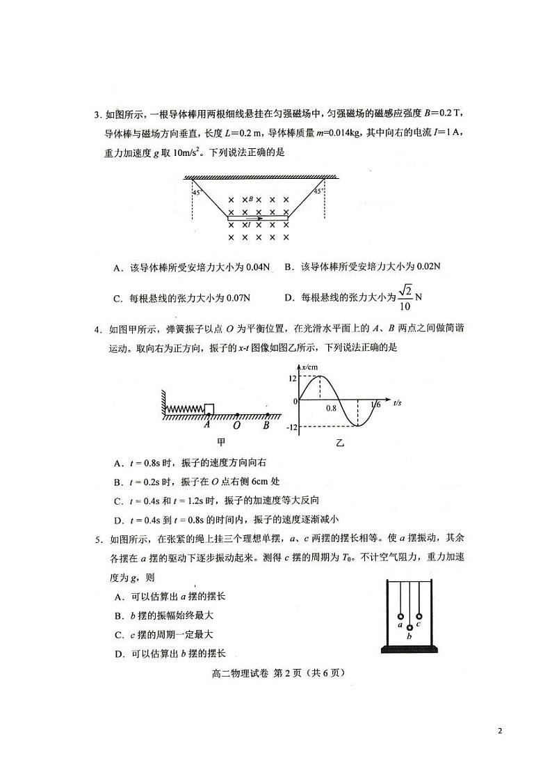 2021-2022学年河北省唐山市高二第一学期期末考试物理试题（PDF版）第2页
