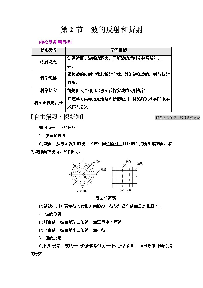 2021-2022学年高中物理新鲁科版选择性必修第一册  第3章　第2节　波的反射和折射 学案第1页