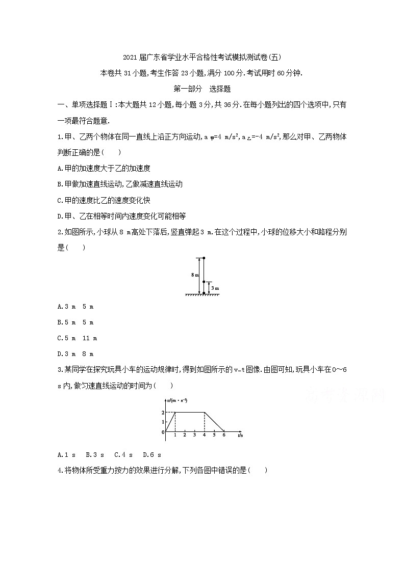 2021届广东省学业水平合格性考试物理模拟测试卷（五） 含答案01