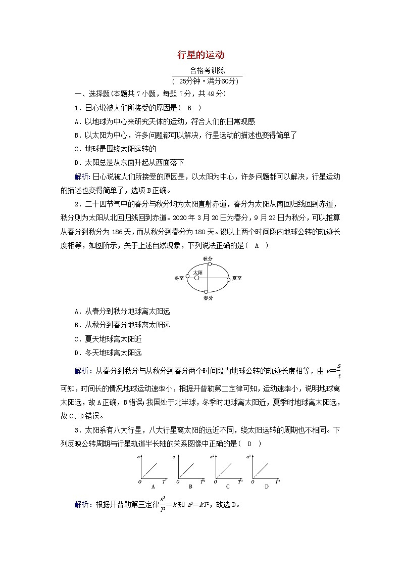2021_2022学年新教材高中物理第七章万有引力与宇宙航行1行星的运动作业含解析新人教版必修第二册第1页