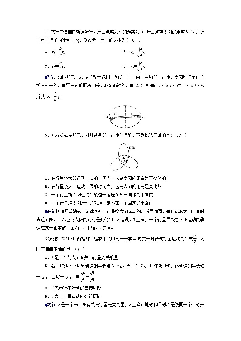 2021_2022学年新教材高中物理第七章万有引力与宇宙航行1行星的运动作业含解析新人教版必修第二册第2页