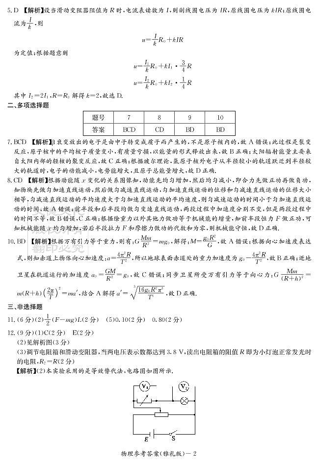 2022长沙雅礼中学高三下学期第七次月考物理试题PDF版含解析02