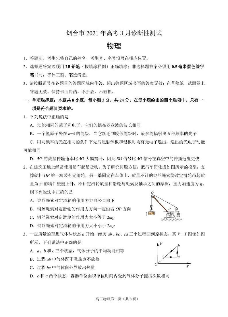 2021届山东省烟台市高三下学期3月高考诊断性测试物理试题 PDF版第1页