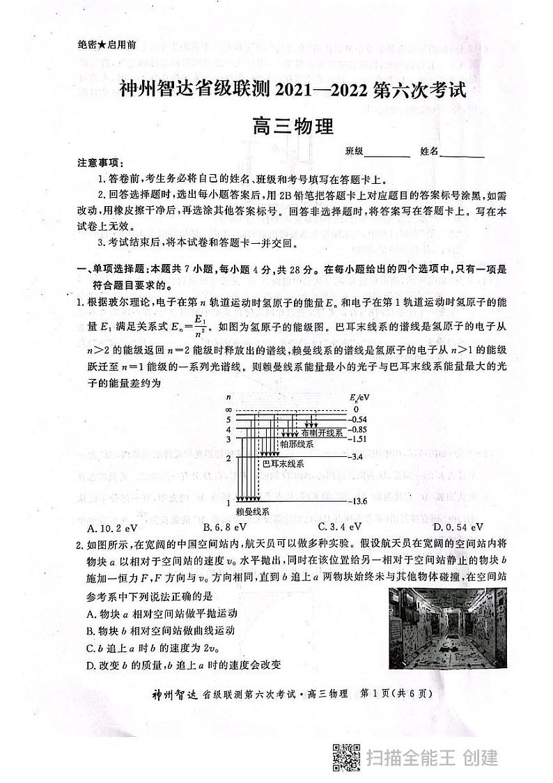2022神州智达省级联测高三――第六次考试――物理PDF版含答案第1页