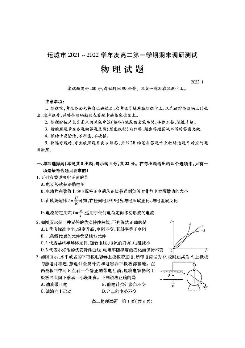 2021-2022学年山西省运城市高二上学期期末调研测试物理试题（PDF版）01