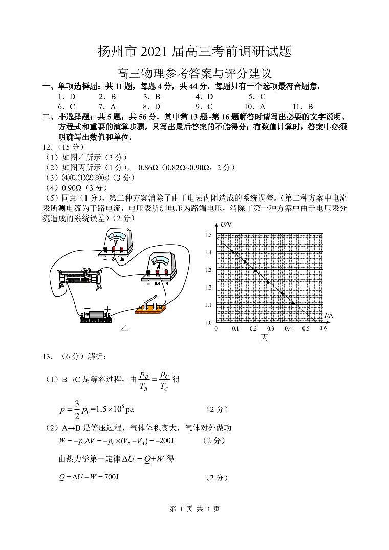 扬州市2021届高三物理考前调研试题参考答案第1页