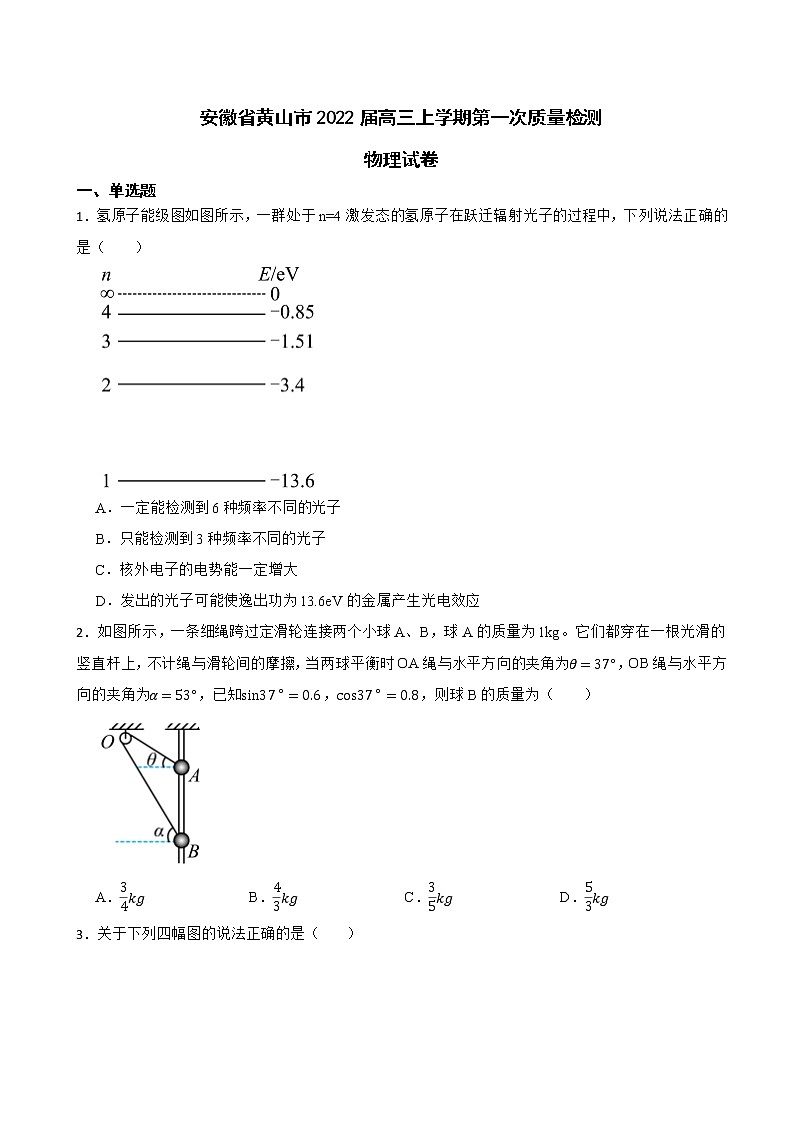 2022届安徽省黄山市高三上学期第一次质量检测物理试卷（解析版）01