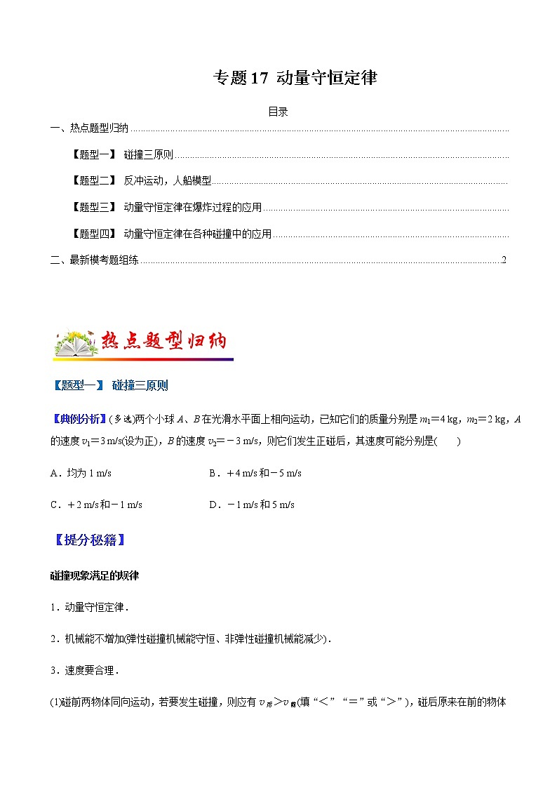 （全国通用）高考物理二轮热点题型归纳与变式演练 专题17 动量守恒定律（原卷版）第1页