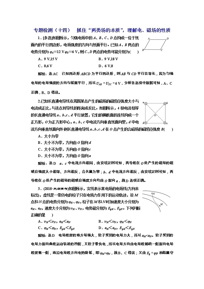 高考物理通用版二轮复习专题检测：14《抓住“两类场的本质”理解电、磁场的性质》(含详解)第1页