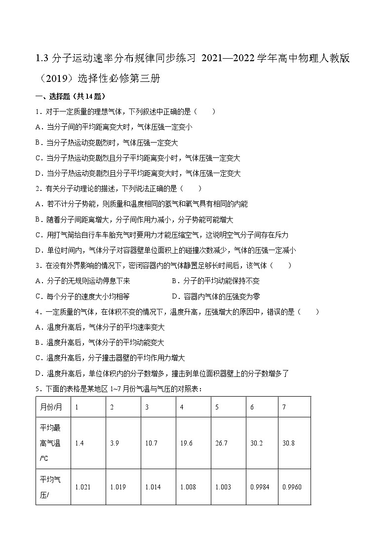 1.3分子运动速率分布规律同步练习2021—2022学年高中物理人教版（2019）选择性必修第三册第1页