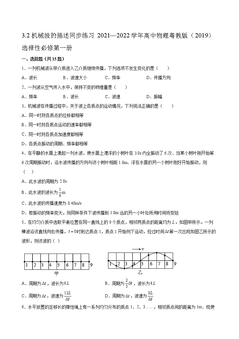 3.2机械波的描述同步练习2021—2022学年高中物理粤教版（2019）选择性必修第一册第1页